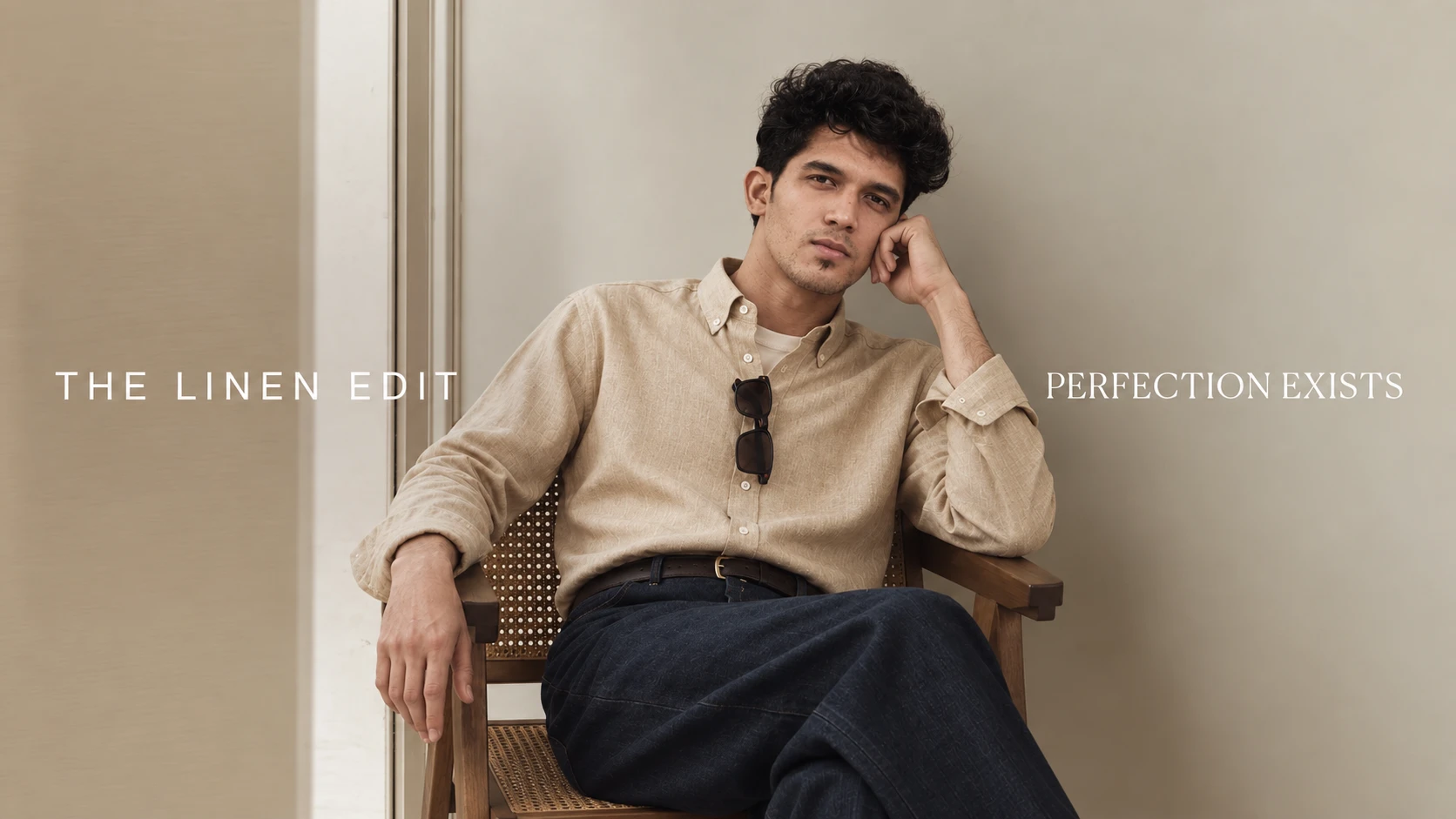 The Linen Edit: man in a beige linen shirt and dark denim seated on a cane chair